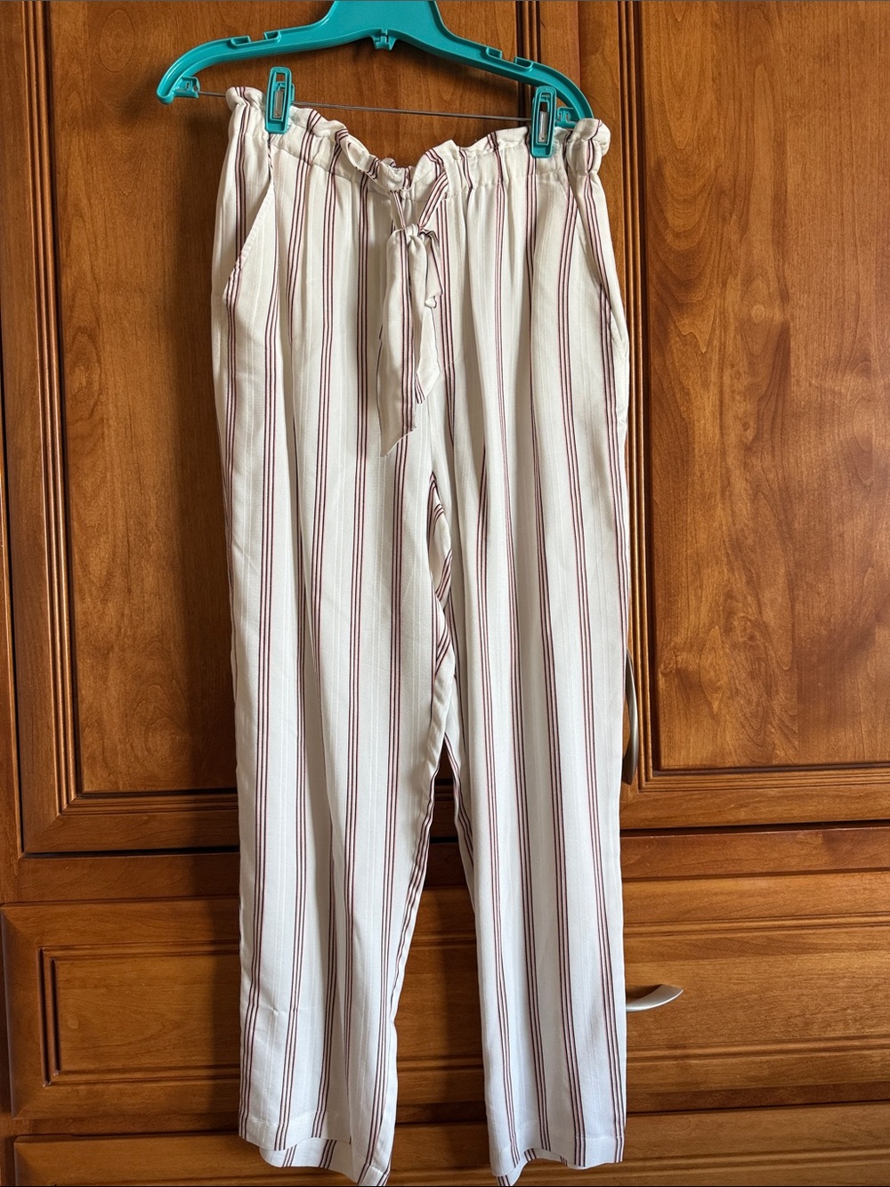 Joie Cream Pants with Burgundy Vertical Stripes